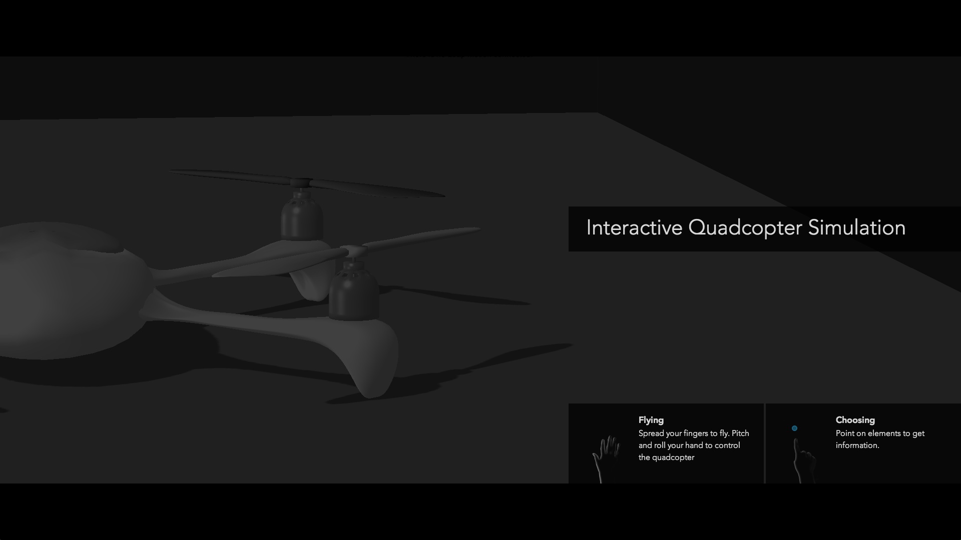 Welcome screen of Interactive Quadcopter Simulation displaying available hand gestures.